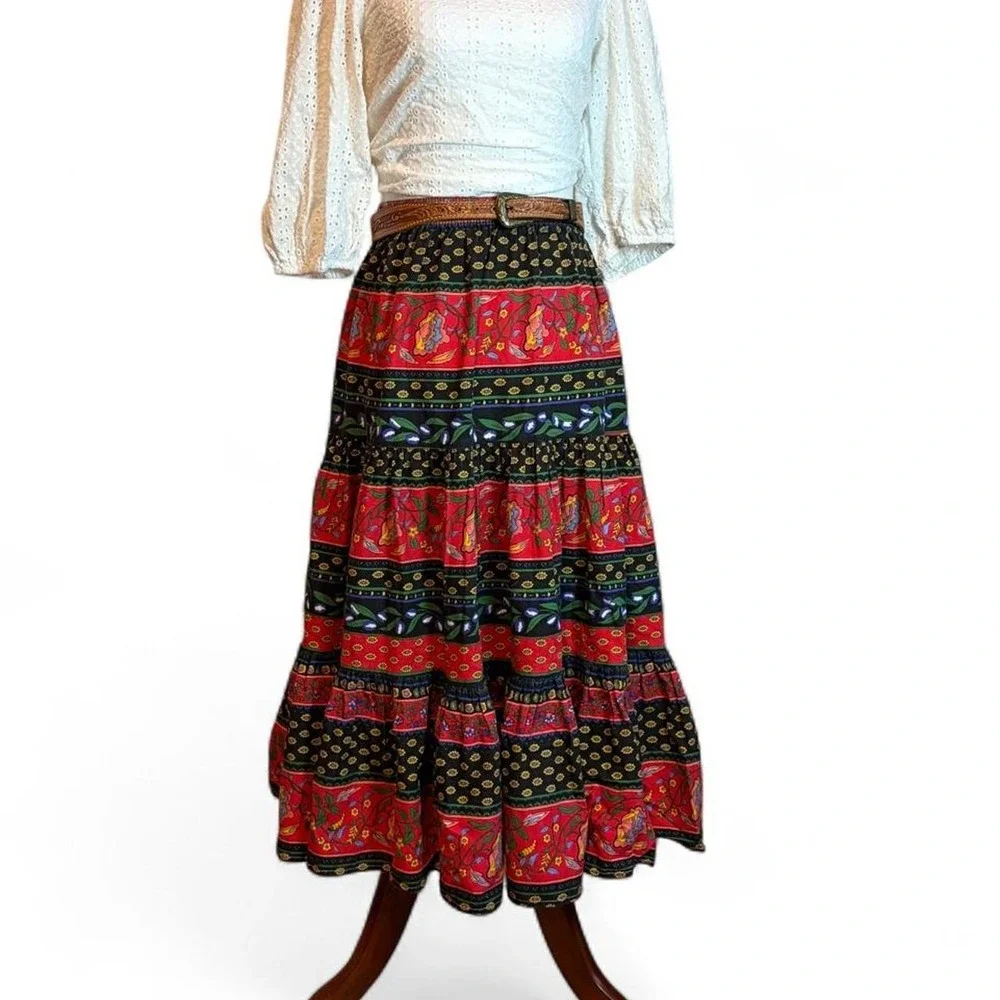 Vintage 90s Folksy Floral Tiered Maxi Skirt